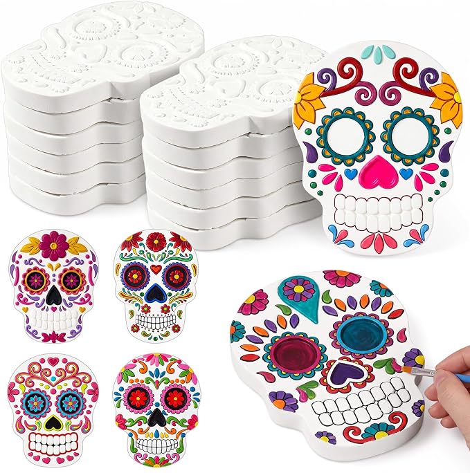 Vertintong 24 Pcs Sugar Skull to Paint, Day of The Dead Ceramics Craft Kit - skull painting