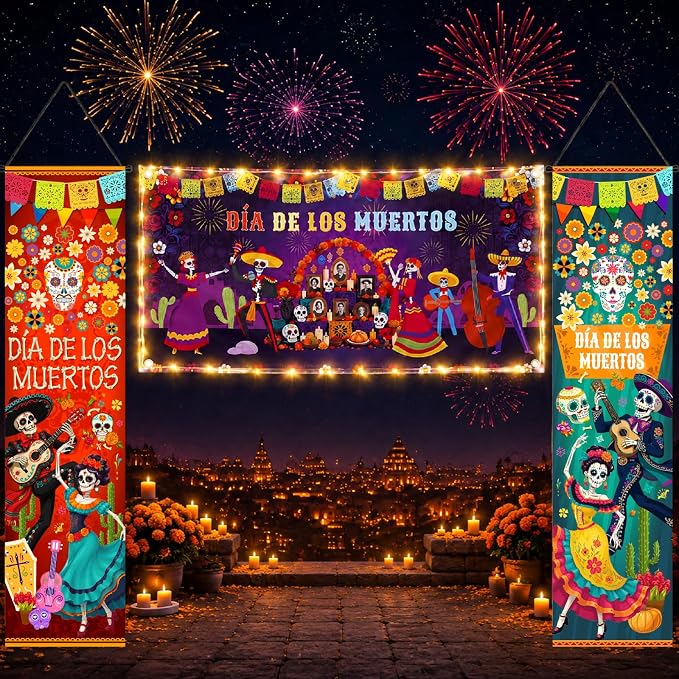 Moukeren 4 Pcs Day of the Dead Decorations with 16.4ft String Lights 47.24 x 11.81 Inch Dia De Los Muertos Hanging Porch Banner Sign 39.37 x 19.69 Inch Halloween Mexican Fiesta Party Supplies - skull carpet