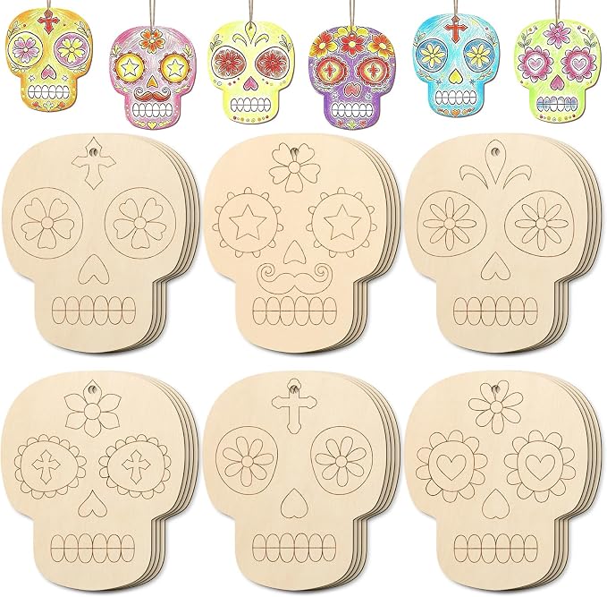 24PCS DIY Day of the Dead Sugar Skull Wood Crafts to Paint Set - skull painting