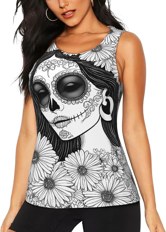 Floral Sugar Skull Portrait Print Women's Sleeveless Workout Tank Top, Quick Dry Athletic Running Yoga Shirt - skull tank tops