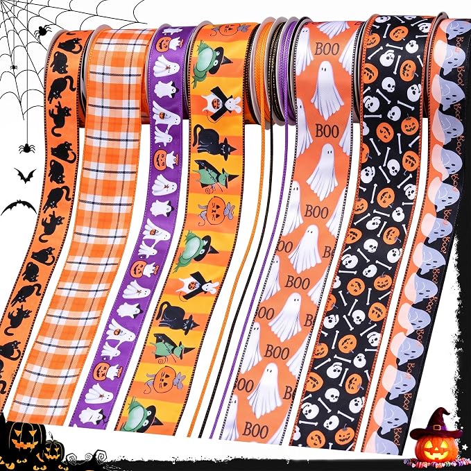 8 Rolls 37 Yards Halloween Ribbon Wired for Wreath Bow - skull wreath