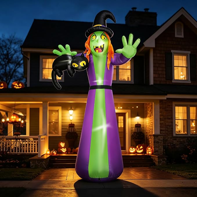 12 FT Giant Halloween Inflatables Witch Outdoor Decoration-Huge Blow Up Spooky Witch Grabbing Black Cat with Built-in LEDs – Tall Halloween Yard Decor for Lawn Party, Garden & Front Yard - skull inflatable