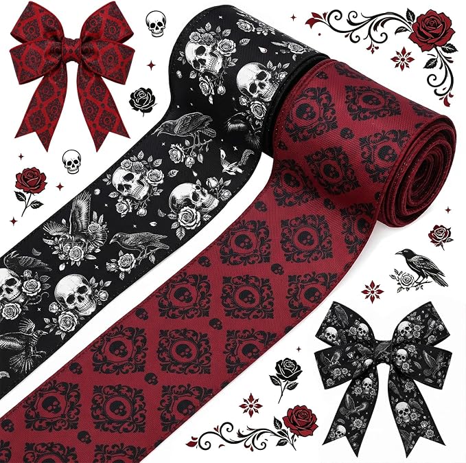 Gothic Wired Edge Ribbon 2 Rolls, Vintage Skull Pattern Ribbon - skull wreath