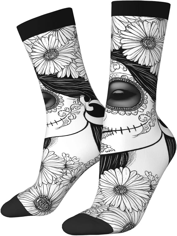 Floral Sugar Skull Portrait Print Funny Crew Socks For Men Women, Novelty Socks Gift Casual Athletic Socks - sugar skull costume
