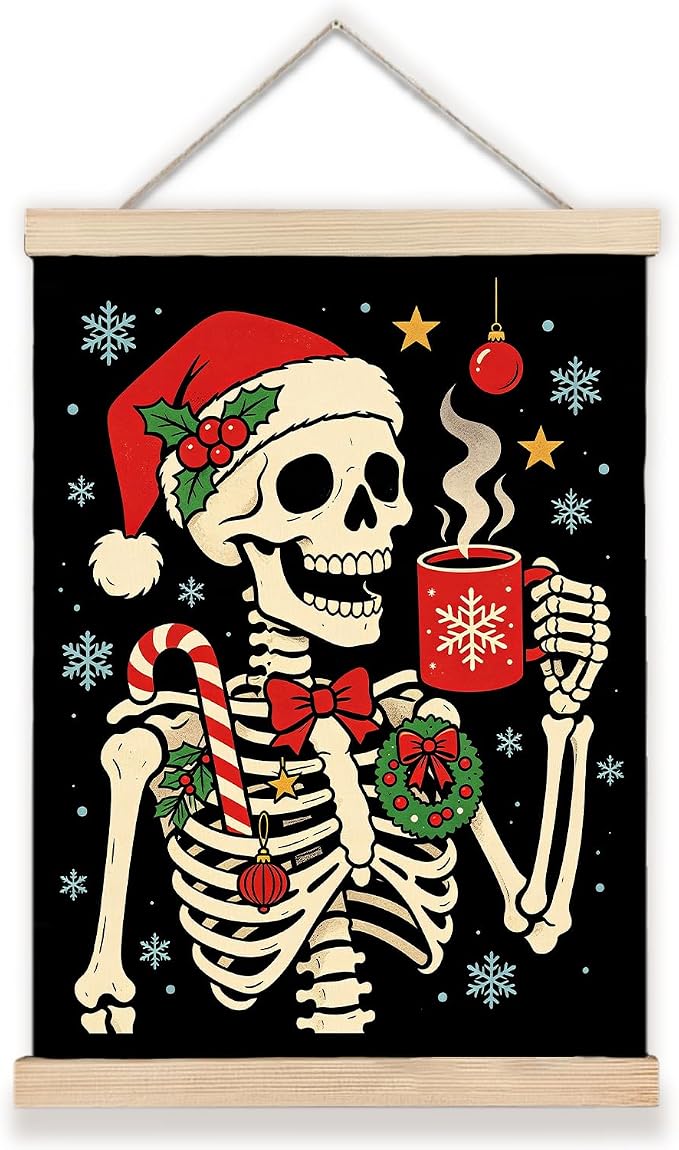Funny Black Gothic Skull Coffee Christmas Wall Hanging Decor 12×16 Inch