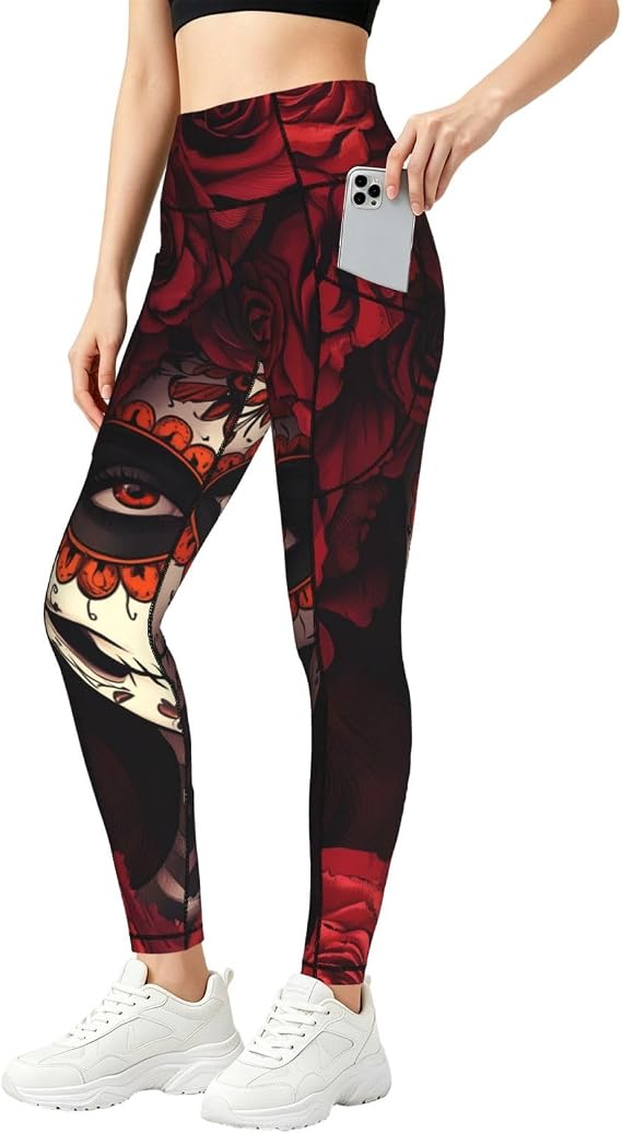 Augenstern Women's Women-Sugar-Skull-Rose Yoga Pants Workout Legging - skull leggings