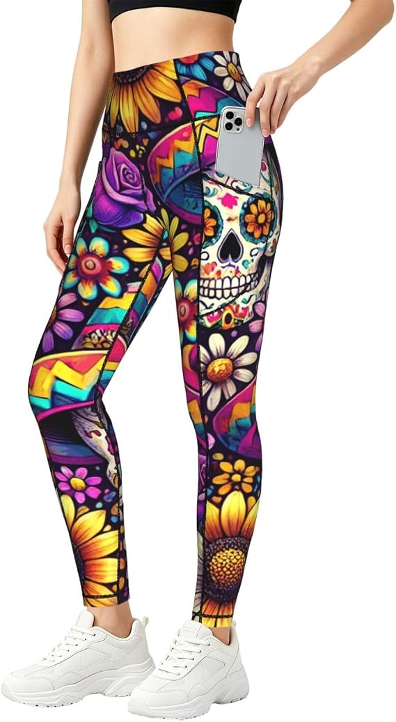 Augenstern Women's Sugar-Skulls-Floral Yoga Pants Workout Legging - skull leggings