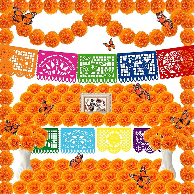 Day of The Dead Decorations Set, Mexican Party Decorations with 2 Artificial Marigold Garland, 9 Papel Picado Banners, 30 Marigold Flowers with Stem, 12 Monarch Butterfly for Dia De Los Muertos Altar - skull carpet
