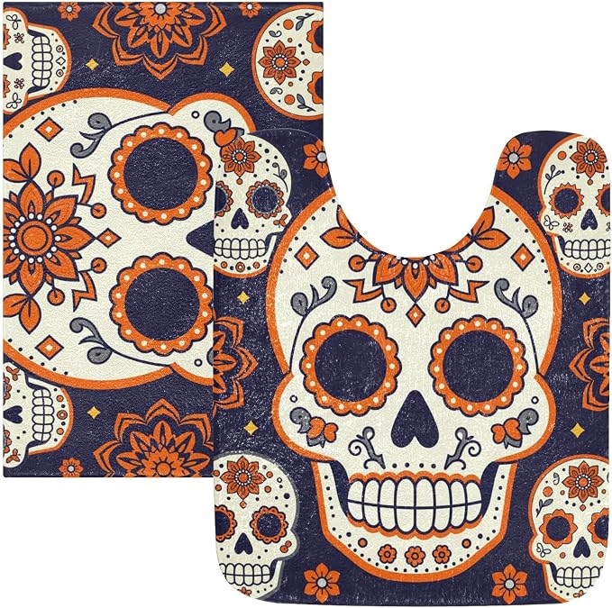 Bath mat mat for bathroom Day Of Dead Sugar Skulls - skull toilet mat