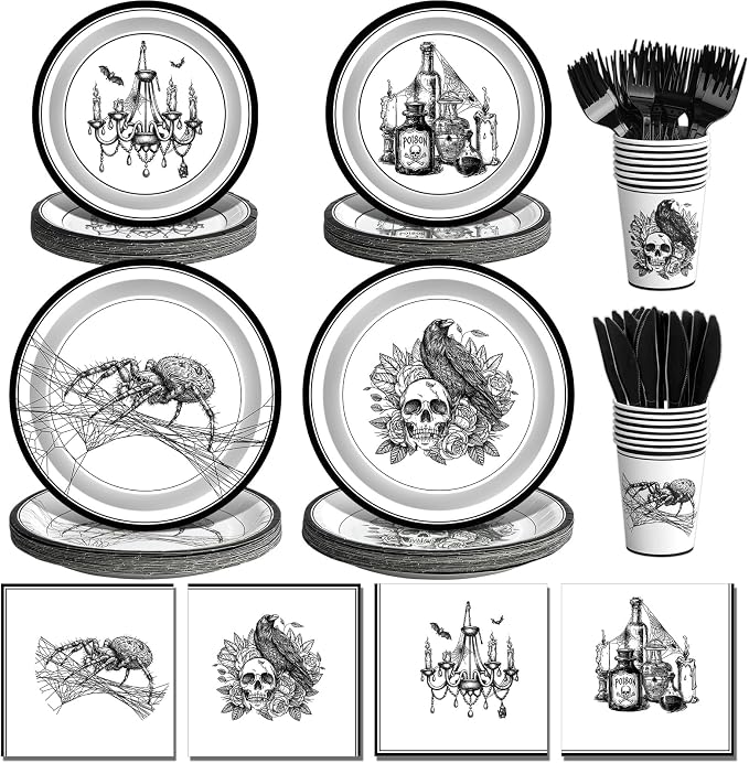 Vesici 288Pcs Halloween Gothic Paper Plates Napkins Cups Set