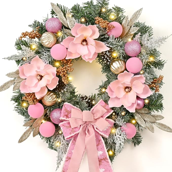 Pink Christmas Wreath for Front Door, 22 Inch Pink Magnolia Wreath, 1 Pc - skull wreath