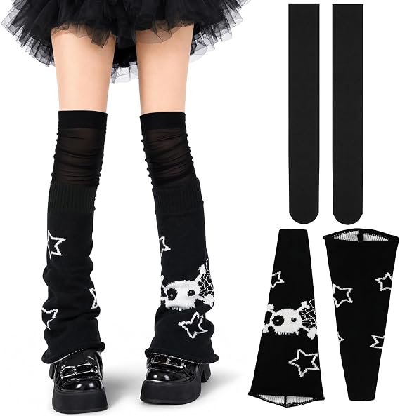 Y2K Leg Warmers Tights Set, Kawaii Skull Star Leg Cover - sugar skull boots