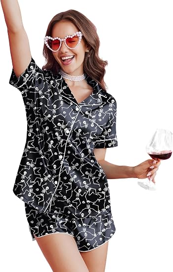 Ekouaer Silk Satin Pajama Set for Women Funny Graphic Sleepwear S-5XL