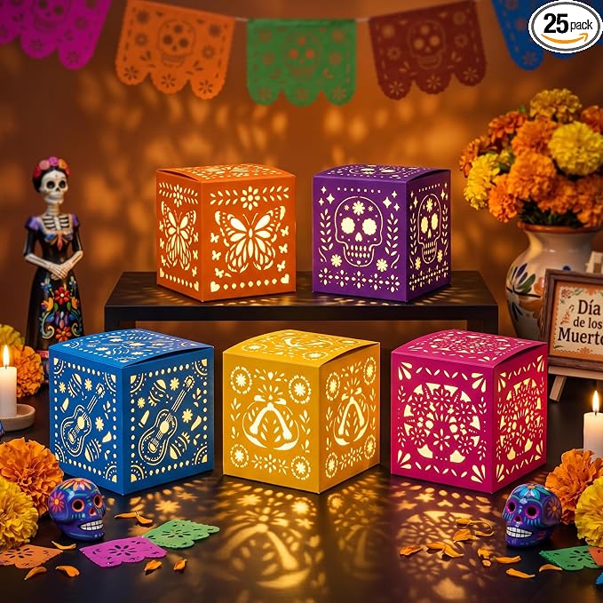 Dia De Los Muertos Decorations, Day of the Dead Candle Holder Boxes, 25PCS