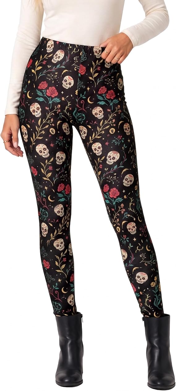 sissycos Women's Sugar Skull Leggings Rose Flower Printed Pants - sugar skull dress