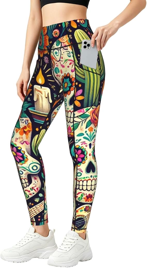 Augenstern Women's Sugar-Skulls-Guitars Yoga Pants Workout Legging - skull leggings
