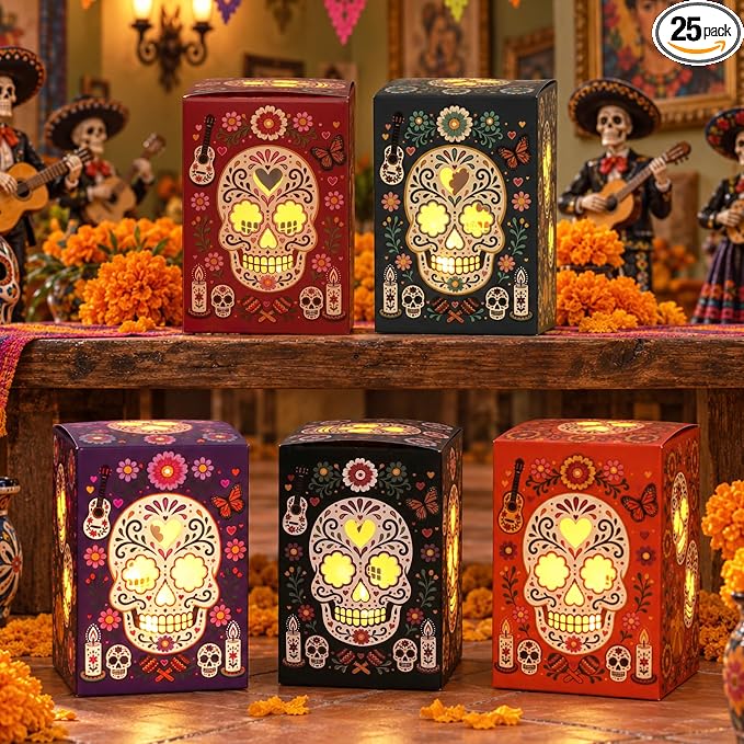Dia De Los Muertos Decorations, Day of the Dead Candle Holder Boxes, 25PCS