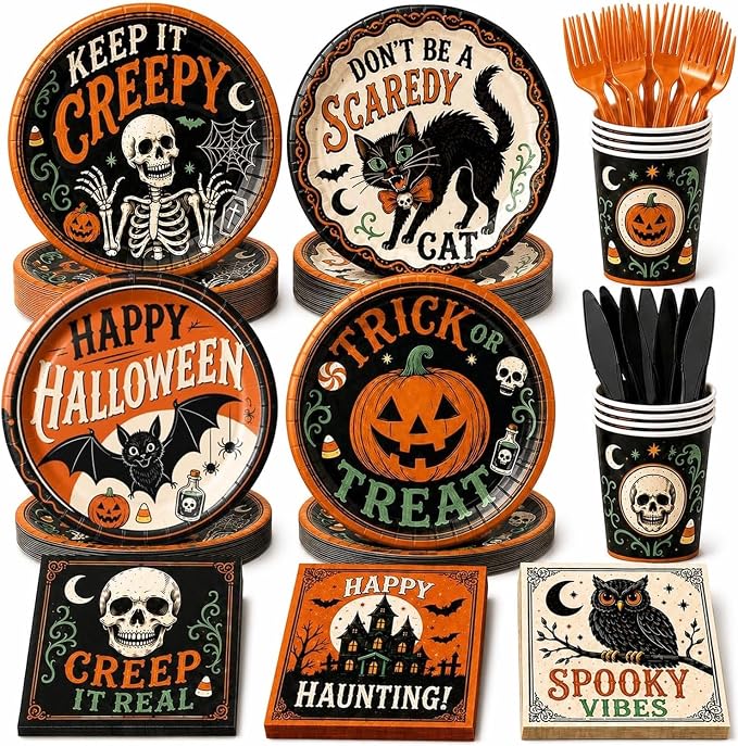 144 PCS Halloween Party Supplies, Includes Vintage Halloween Plates, Cups, Napkins, Forks, Knives for Halloween Party Decorations, Serves 24 - skull plate