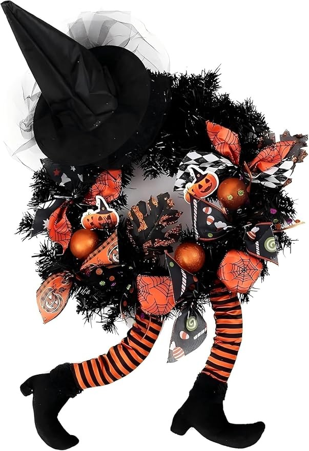 FLASH WORLD 18 inch Witch Halloween Wreath, for Front Door Decoration with Skeleton Artificial Bone Orange Ornaments Maple Leaf for Party DecorHat Legs Pumpkin Door Artificial Handmade (Orange 1)