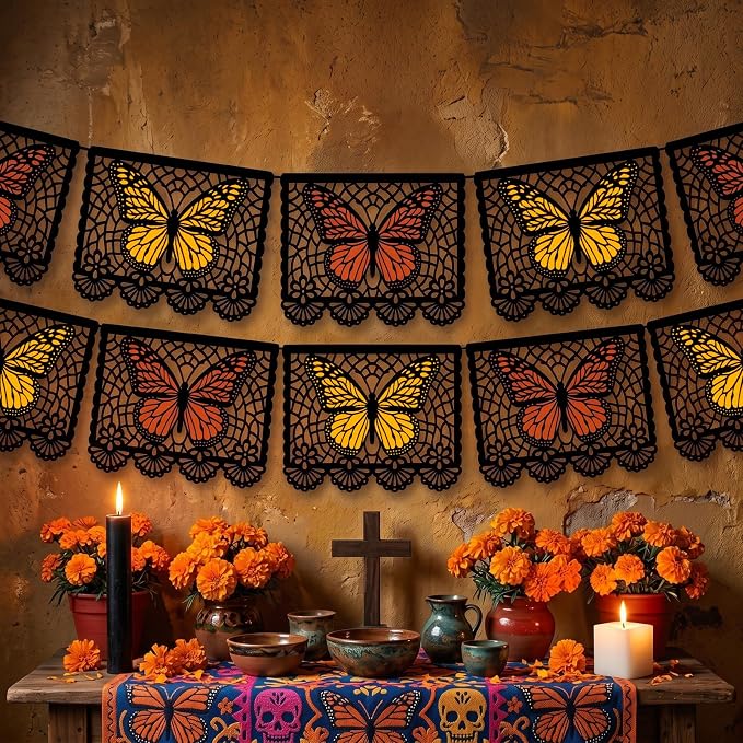 88 Pcs Dia De Los Muertos Banners Monarch Butterfly Garlands Fiesta Picado Hanging Flag Day of The Dead Decorations Dia De Los Muertos Decoration Halloween Decor for Home Indoor Decor - skull carpet