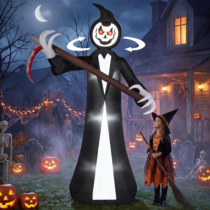 10FT Halloween Inflatable Outdoor, Animated Grim Reaper with Rotating Head - skull inflatable