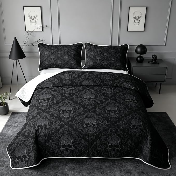 Feelyou Skull and Bones Quilt Sets Queen Size Skull Pattern Kids Boys Girls Quilts with 2 Pillowcases Soft Bedspread Coverlet Set Lightweight Bedding - skull bedding