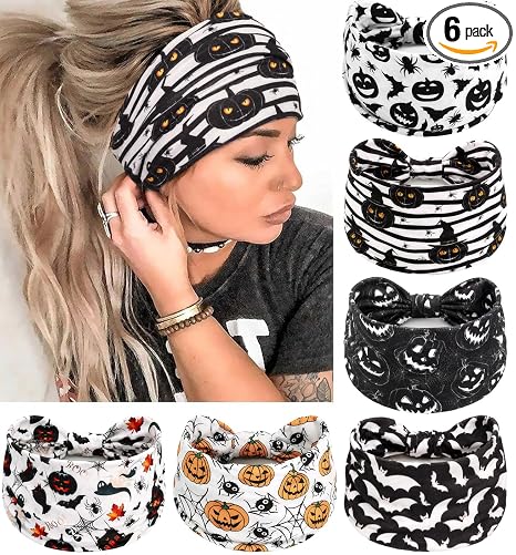 Halloween Headbands for Women & Girls - Wide Knotted Head Bands Pumpkin Bat Spider NonSlip Hair Bands Yoga Workout Elastic Head Wraps 6 Pcs Halloween Accessories - skull headband