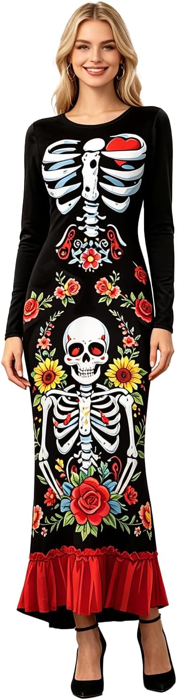 color cosplayer Women's Halloween Skeleton Dress Day of the Dead Costume - sugar skull costume