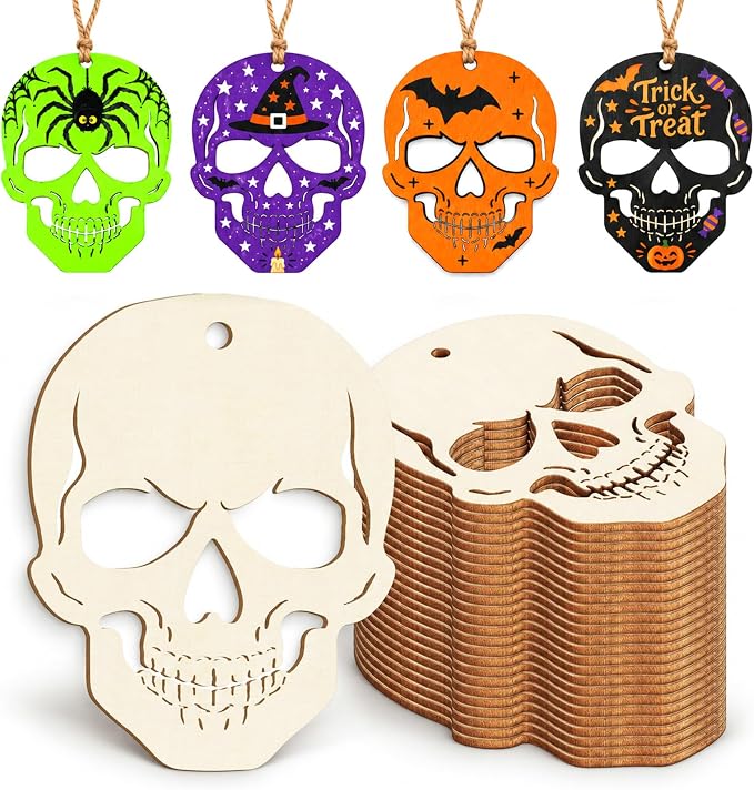 Wooden Skull Crafts 30PCS, Unfinished DIY Halloween Ornaments - skull painting