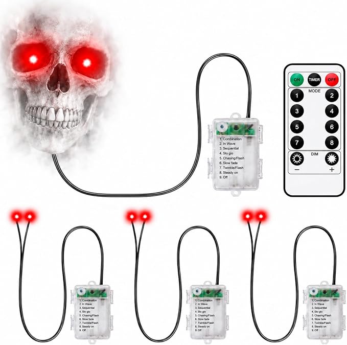 Red Glowing Eyes Halloween with Remote,Cosplay LED Eyes for Skeleton 4 Pack