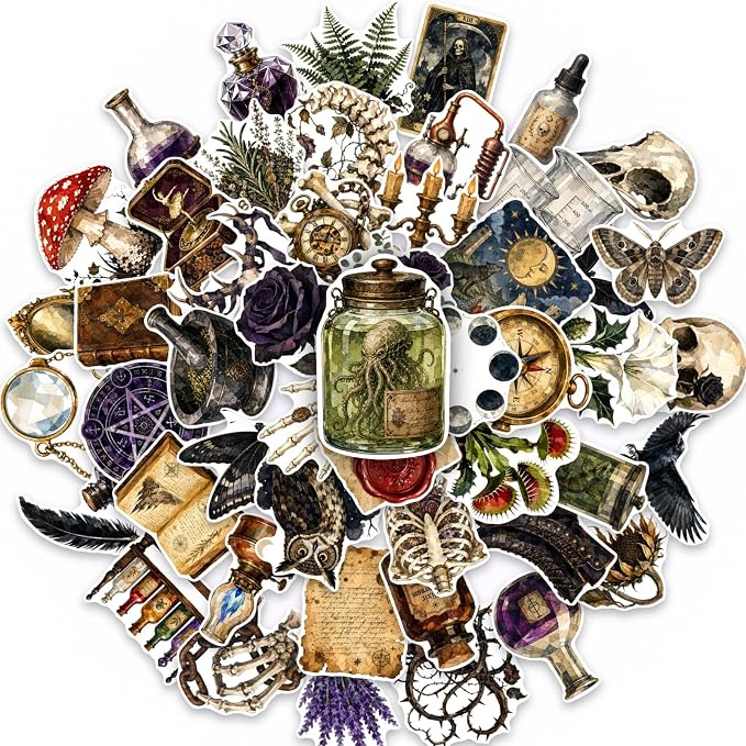 50Pcs Vintage Witchy Gothic Apothecary Stickers for Laptop Skateboard Kindle - skull sticker
