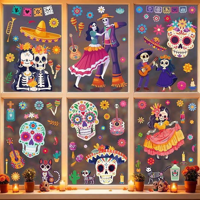 87PCS Dia de Los Muertos Decor, Day of the Dead Window Clings for Home Shop - skull candle