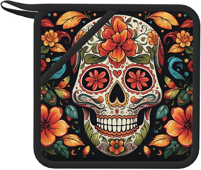 Pot Holders Set of 1 PC Heat Resistant Non Slip Potholders Colorful Sugar Skull Pot Holders Kitchen Hot Potholders Washable Oven Mitts Cooking Pads Oven Hot Pads for Kitchen Cooking Baking Barbecue - skull ashtray