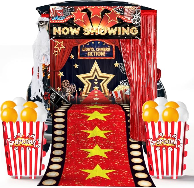 36 Pcs Halloween Trunk or Treat Cinema Car Decoration Kit Moving Night Red Carpet and Popcorn Car Archway Garage Door Red Tinsel Curtain Balloon Giant Popcorn Box Photo Booth Supplies - skull carpet