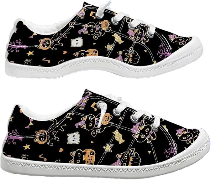 Halloween Ghost Pumpkin Print Canvas Sneakers, Brown Casual Lace-Up Flats - sugar skull boots