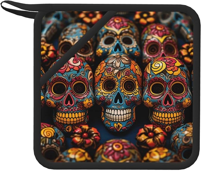 Pot Holders Set of 1 PC Heat Resistant Non Slip Potholders Colorful Sugar Skulls Pot Holders Kitchen Hot Potholders Washable Oven Mitts Cooking Pads Oven Hot Pads for Kitchen Cooking Baking Barbecue - skull ashtray