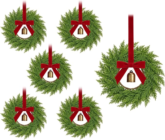 6 Pcs Mini Christmas Kitchen Cabinet Wreaths, 9.8" Cedar Wreaths with Bell - skull wreath