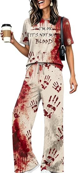 Skull Sets for Women Halloween Bloody Shirts Dancing Skeleton 2 Pc Set - skull tshirt