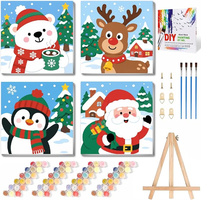 uuxsretaio 4 Pack Christmas Paint by Numbers Kit for Kids, Animals Easy Paint by Number Kit Acrylic Oil Painting by Number for Home Wall Decor 8X8 in(Framed) - skull painting