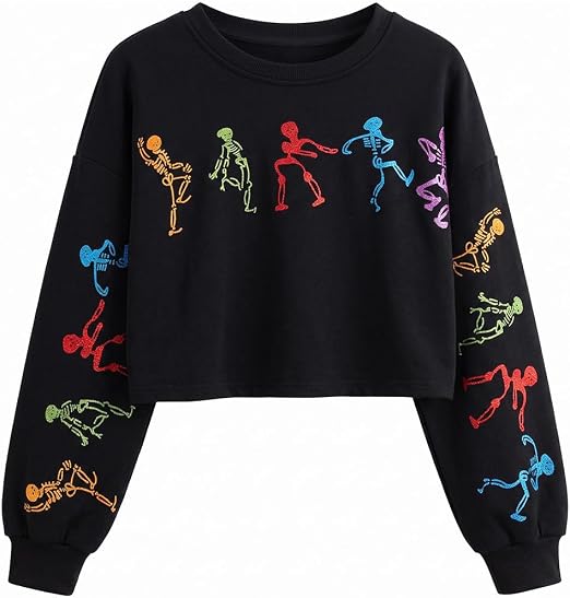 Spooky Season Sweatshirts Women Halloween Glitter Skull Crop Sweatshirt - sugar skull boots