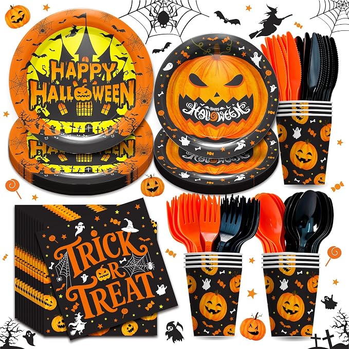168Pcs Halloween Party Tableware Set, Pumpkin Ghost Castle Plates Napkins Cups Cutlery, Disposable Orange‑Black Halloween Supplies, Serves 24 - skull plate