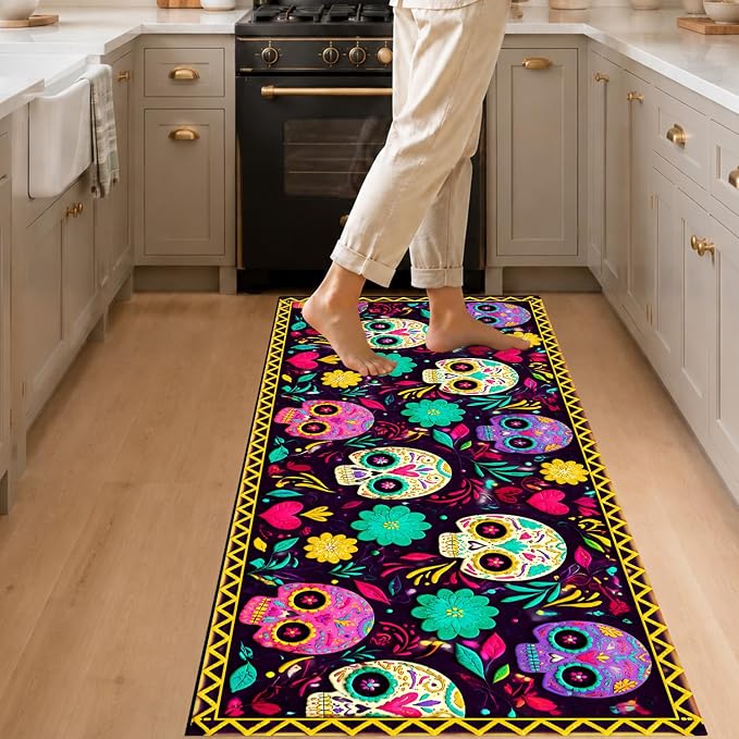 Sugar Skull Kitchen Mat, Cushioned Anti Fatigue Non Slip Floor Rug - skull toilet mat
