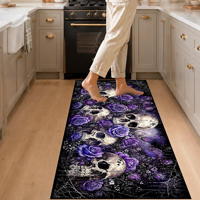 Purple Skull Kitchen Mat, Cushioned Anti Fatigue Non Slip Gothic Rug