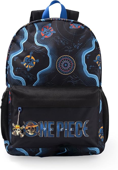 One Piece Unisex Kids Black Blue Backpack | Skull Map Graphic School Bag with Front Zip Pocket & Padded Straps - skull backpack