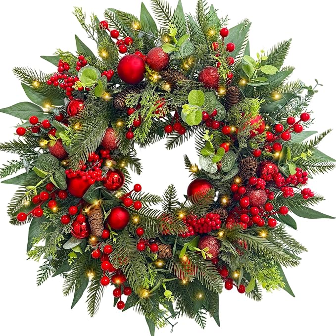 24″ Christmas Wreath for Front Door with Lights,Prelit Christmas Wreath with Red Balls/Pine Cones,Outdoor Christmas Decorations Winter Wreath for Windows Indoor Wall Holiday Decor