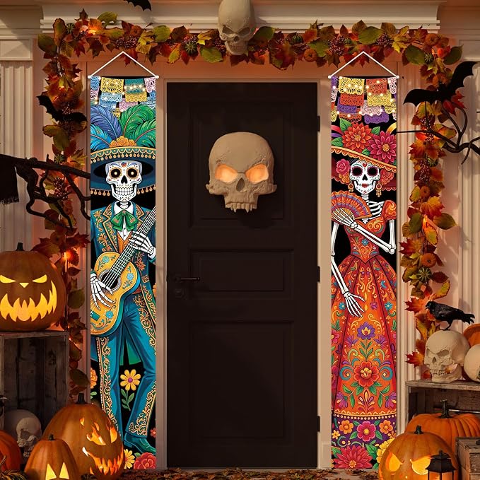 Dia De Los Muertos Decorations Porch Banner Skull Day of the Dead Party Outdoor Indoor Front Porch Wall Yard Fireplace Halloween Mexican Theme Party Decor and Supplies for Home - skull floor mat