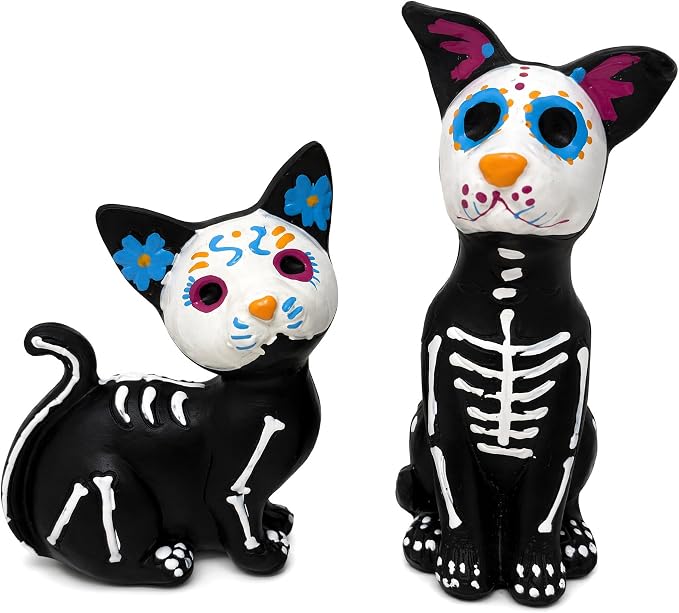 Dia de los Muertos Decorations, Sugar Skull Cat and Dog Figurines - skull painting