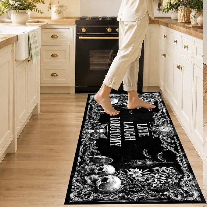 Gothic Skull Kitchen Mat, Cushioned Anti Fatigue Non Slip Floor Rug - skull carpet