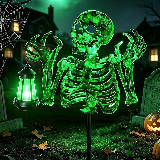 Halloween Skeleton Decorations Outdoor,Spooky Green Glowing Iron Skull - skeleton