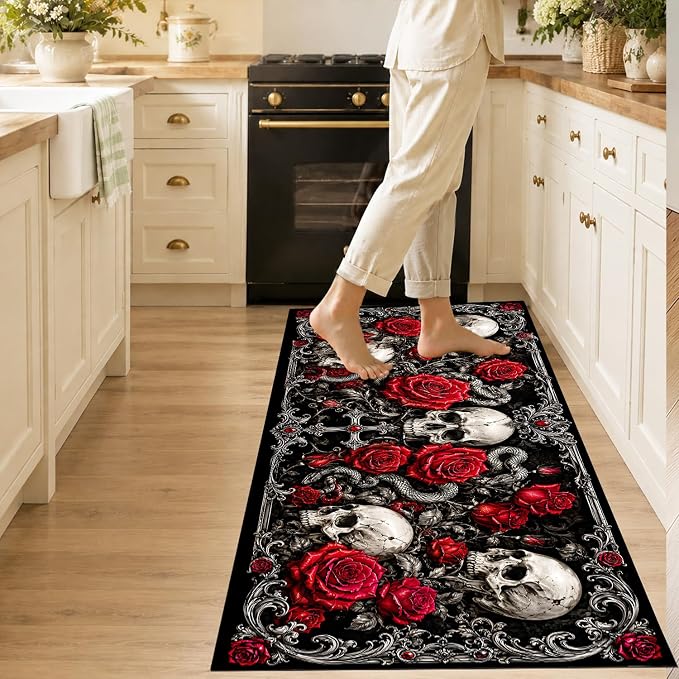 Gothic Skull Rose Kitchen Mat, Cushioned Anti Fatigue Non Slip Rug